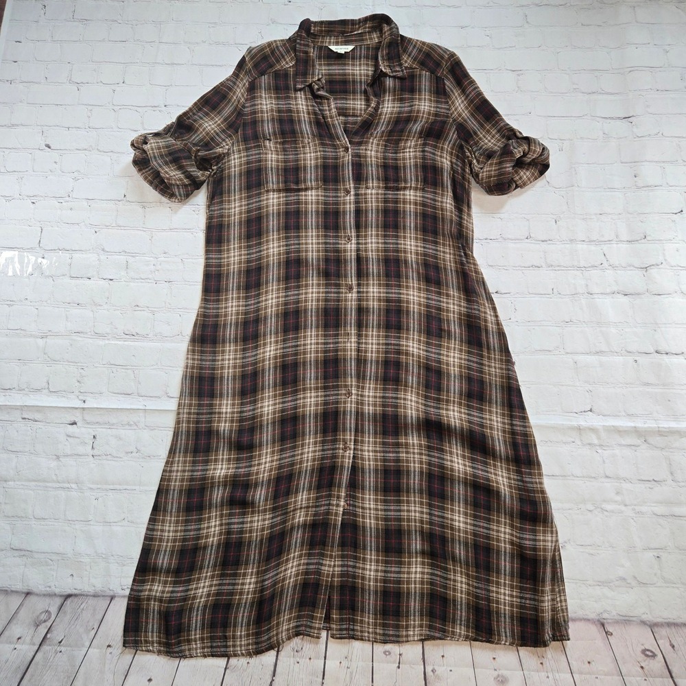 Max Studio Plaid Button Front  Shirt Dress Large fall grunge boho camp cottag